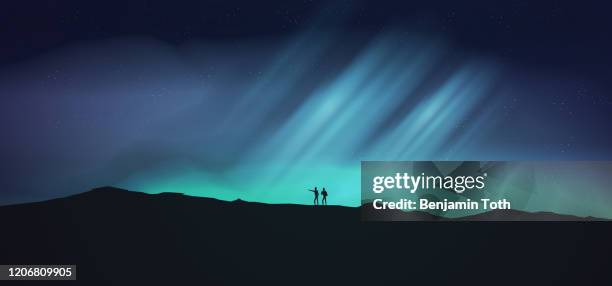 night with aurora, northern lights exploration adventure with hikers - aurora borealis stock illustrations