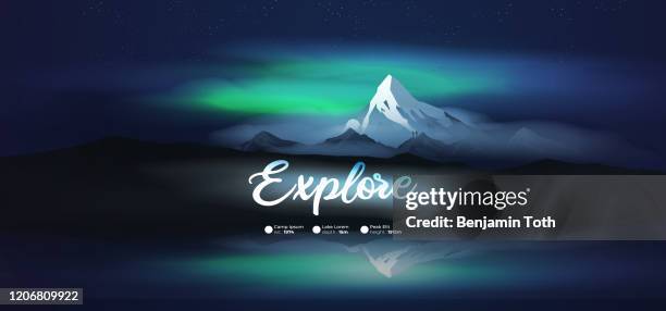 stockillustraties, clipart, cartoons en iconen met bergen bij nacht met aurora, noorderlicht met meerbezinning - northern light