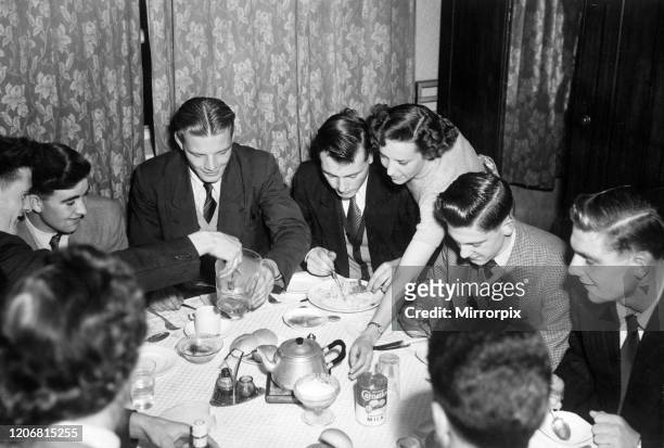 Manchester United players lodging at Mrs Watsons, Old Trafford Guest House, 23rd September 1953; Bill Whelan, Jackie Blanchflower, Mark Jones, Gordon...