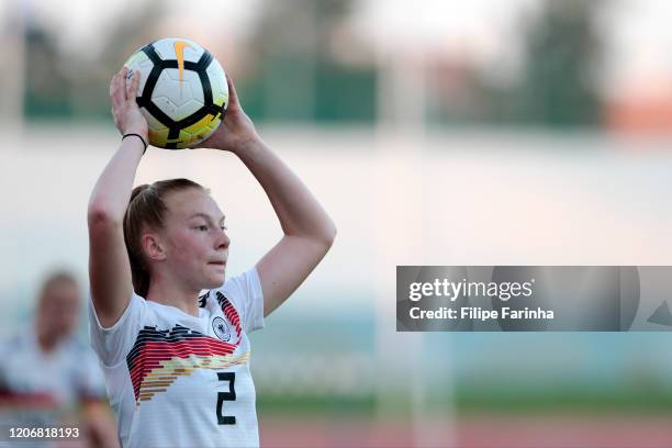 Antonia Haase of Germany during the UEFA Women under16 development tournament game between Germany U16 and Netherlands U16 at Complexo Desportivo on...
