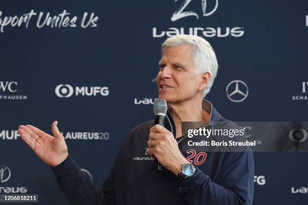Laureus Academy Member Mark Spitz speaks on stage during the Laureus Olympians Press Event at the Mercedes Benz Building prior to the Laureus World...