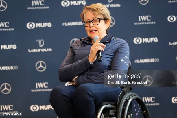 Laureus Academy Member Tanni Grey-Thompson speaks on stage during the Laureus Olympians Press Event at the Mercedes Benz Building prior to the...