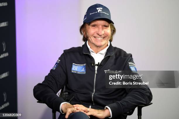 Laureus Academy Member Emerson Fittipaldi is seen during an interview at the Mercedes Benz Building prior to the Laureus World Sports Awards on...