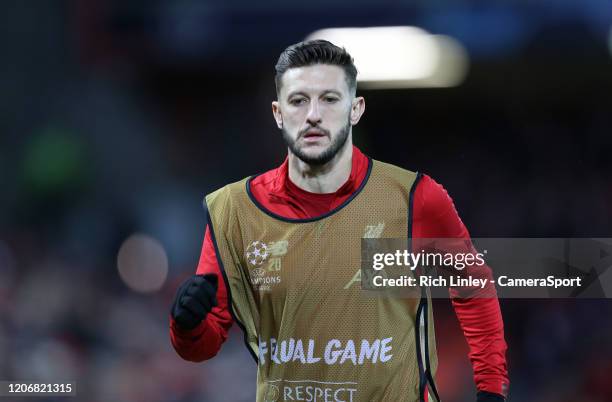 Liverpool's Adam Lallana warms-up during the UEFA Champions League round of 16 second leg match between Liverpool FC and Atletico Madrid at Anfield...