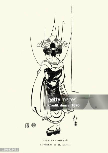 ilustrações, clipart, desenhos animados e ícones de desenho de uma mulher japonesa em vestido tradicional, por trás - quimono