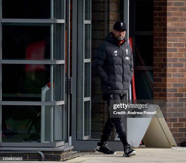 Jurgen Klopp manager of Liverpool during a training session at Melwood training ground on February 17, 2020 in Madrid, Spain.