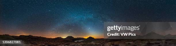 Panorama of the spring sky over the Badlands of Dinosaur Provincial Park, Alberta, on March 29 with the winter Milky Way and constellations setting...