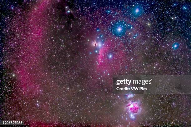The Belt and Sword region of Orion, with the Orion Nebula, Messiesr 42 and 43, at bottom. Below the left star of the Belt, Alnitak, is the famous...