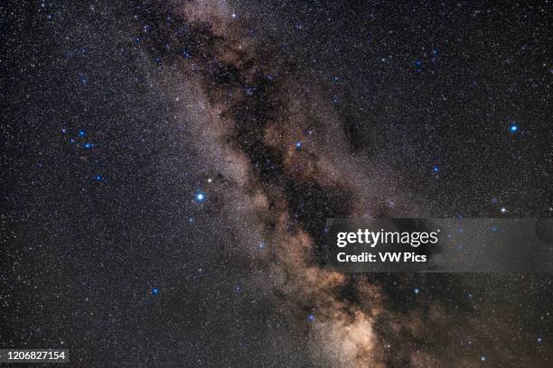 The constellation of Aquila surrounded by Scutum and its starcloud and Serpens and Ophiuchus . Altair is the bright star left of centre, with Tarazed...