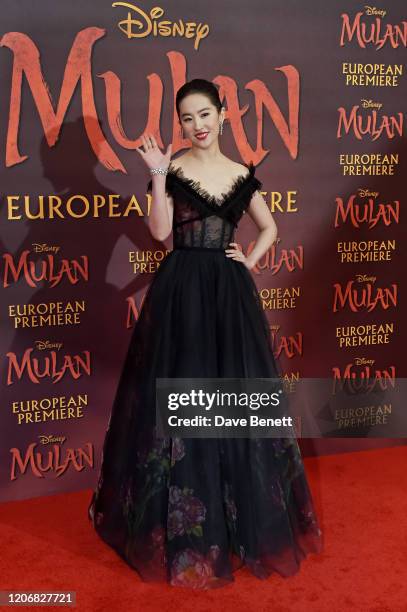 Yifei Liu attends the European Premiere of "Mulan" at Odeon Luxe Leicester Square on March 12, 2020 in London, England.