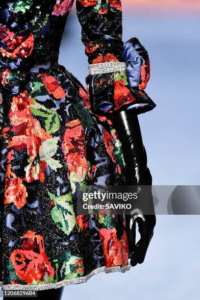 Model walks the runway at the Richard Quinn Ready to Wear Fall/Winter 2020-2021 fashion show during London Fashion Week on February 15, 2020 in...