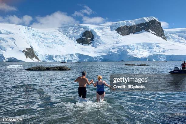 taking a polar plunge in antarctica - taking the plunge stock pictures, royalty-free photos & images