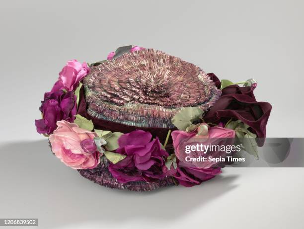 Hat with roses, Hat with Roses, Hat of iridescent carmine red and green raffia, dark red velvet decorated and large rose, cotton roses. Model with a...