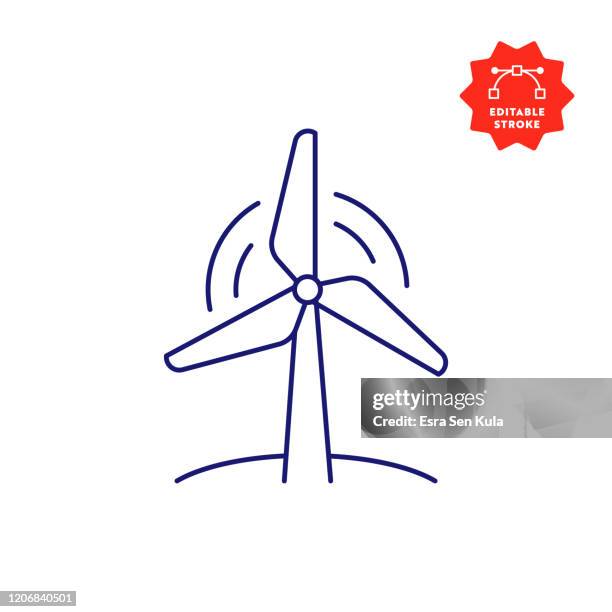 illustrazioni stock, clip art, cartoni animati e icone di tendenza di icona della linea della turbina eolica con corsa modificabile e pixel perfect. - mulino a vento