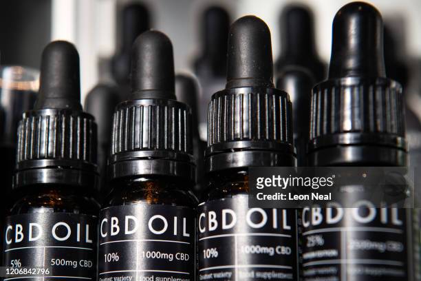 Row of bottles of CBD oil are seen in a branch of the health chain Planet Organic on February 17, 2020 in London, England. The country's Food...