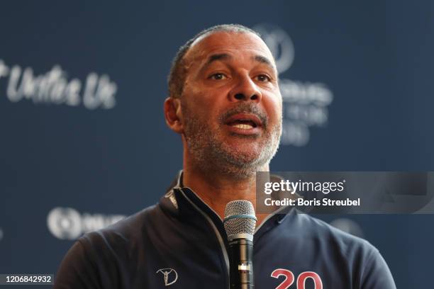 Laureus Academy Member Ruud Gullit speaks during the Football Coaches discussion at the Mercedes Benz Building prior to the Laureus World Sports...