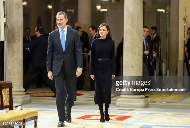 King Felipe of Spain and Queen Letizia of Spain during the delivery of the National Research Awards 2019 at El Pardo Palace on February 17, 2020 in...