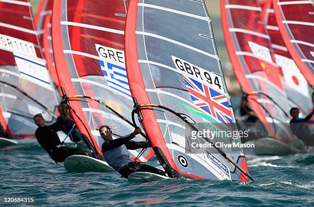 Bryony Shaw of Great Britain in action during an RS-X Womens Class race during day seven of the Weymouth and Portland International Regatta at the...