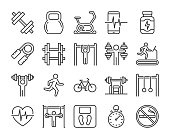 Gym icons. Fitness and Gym line icon set. Vector illustration. Editable stroke.