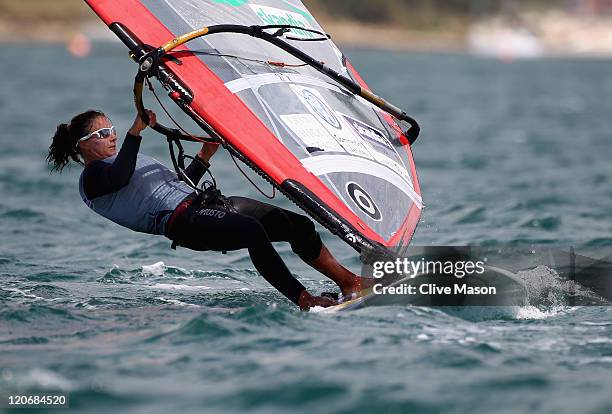 Bryony Shaw of Great Britain in action during an RS-X Womens Class race during day seven of the Weymouth and Portland International Regatta at the...