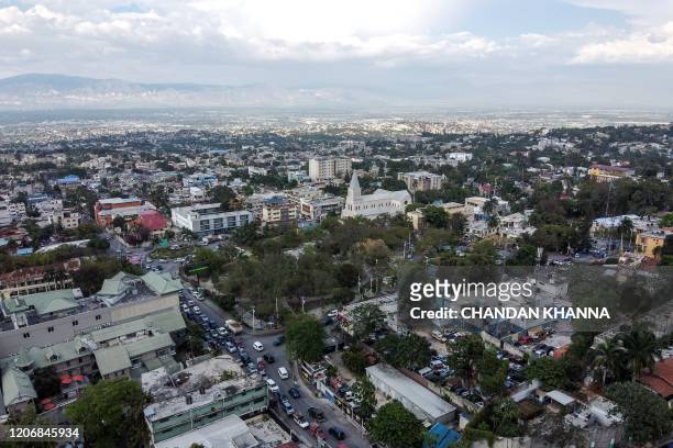 Aerial view of the commune of Petion Ville in Port-au-Prince, on March 12, 2020.