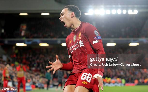 Liverpool's Trent Alexander-Arnold reacts in frustration during the UEFA Champions League round of 16 second leg match between Liverpool FC and...