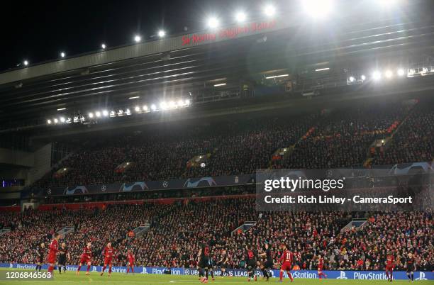 General view of the action under the floodlights of the Kenny Dalglish stand during the UEFA Champions League round of 16 second leg match between...