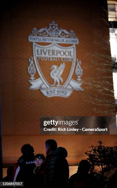 General view of the Liverpool Football Club emblem as fans arrive ahead of the UEFA Champions League round of 16 second leg match between Liverpool...