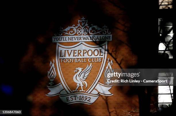 General view of the Liverpool Football Club emblem as fans arrive ahead of the UEFA Champions League round of 16 second leg match between Liverpool...