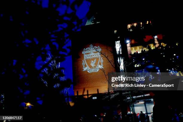 General view of the Liverpool Football Club emblem as fans arrive ahead of the UEFA Champions League round of 16 second leg match between Liverpool...