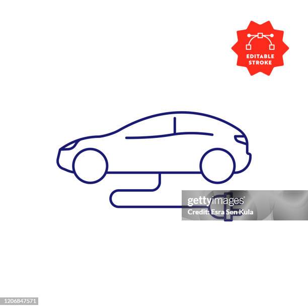 ilustrações, clipart, desenhos animados e ícones de ícone da linha de carros elétricos com traçado editado e pixel perfeito. - veículo com combustível alternativo