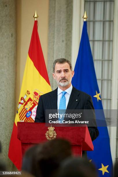 King Felipe VI of Spain attends 'Premios Nacionales De Investigacion' awards 2019 at the El Pardo Palace on February 17, 2020 in Madrid, Spain.