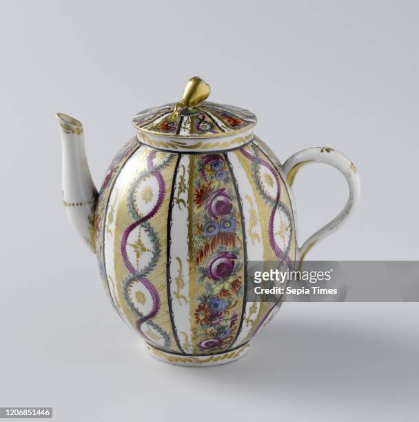 Teapot with vertical borders, porcelain teapot with an oval body, curved spout and C-shaped ear, painted on the glaze in blue, red, pink, green,...