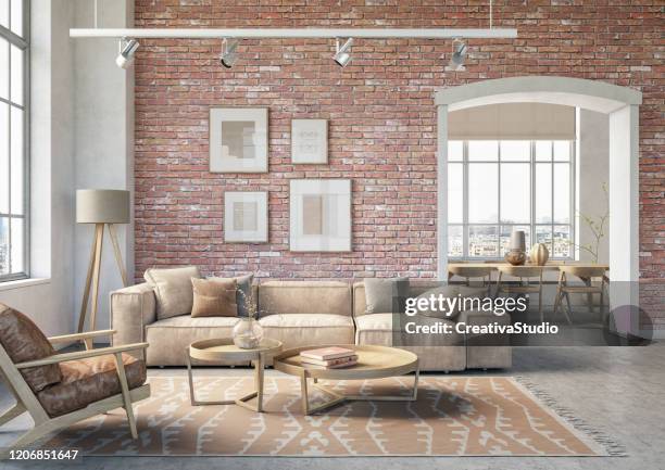 interno del soggiorno bohemien - rendering 3d - brick foto e immagini stock