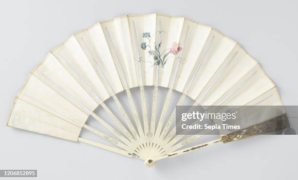 Folding fan with thin leather leaf, painted in watercolor with a classical wedding scene, frame, ajour carved ivory, decorated with 'mŽtal and quatre...