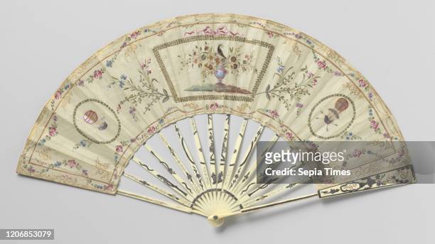 Folding fan, silk sheet painted with gouache and decorated with straw, feathers and mother-of-pearl and metal spangles: central cartouche with a bird...