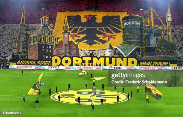 General view of the south stand with a Dortmund fan choreography is seen prior to the Bundesliga match between Borussia Dortmund and Eintracht...