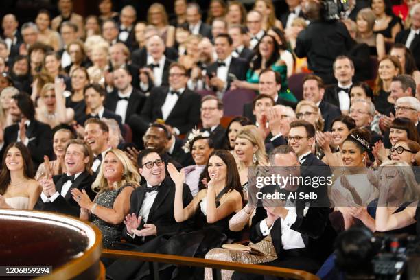 February 9, 2020: Audience members including Tom Hanks, Rita Wilson, Penelope Cruz and Brad Pitt react to "Parasite" winning best picture as...