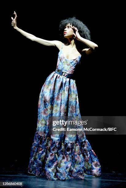 Model poses at the Edeline Lee presentation during London Fashion Week February 2020 on February 17, 2020 in London, England.