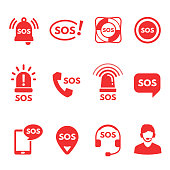 Collection of red flat SOS icons or symbols