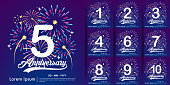 5th Anniversary and Set of white anniversary logo with colorful fireworks background. vector illustration template design for web, flyers, poster, celebration greeting card & invitation card