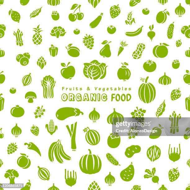 illustrazioni stock, clip art, cartoni animati e icone di tendenza di frutta e verdura. bioalimento. - verdure