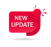 New update label, tag. Red icon of update information for service website, poster of social media. Banner improved edition on isolated background. Badge of available new upgrade. vector illustration.