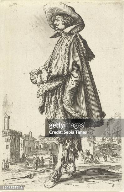 Noble man with hat, seen on the left, Jacques Callot, print maker: Anonymous, Frederik de Wit possibly, 1630