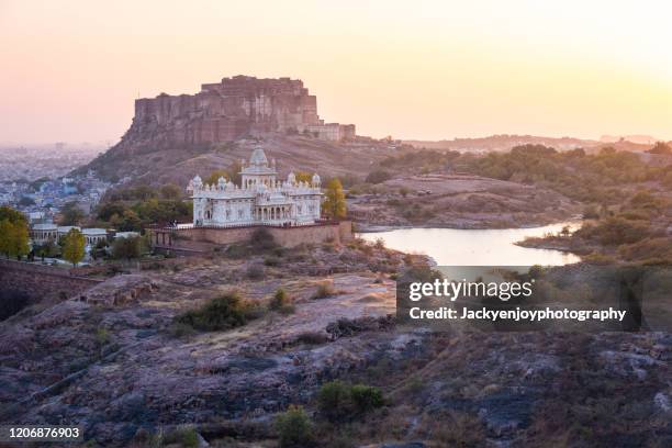 view of jaswant thada and mehrangarh fort in jodhpur city in rajasthan, india - indian fort stock pictures, royalty-free photos & images