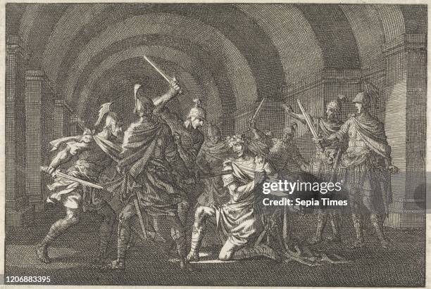 Emperor Caligula attacked in a vault by an armed gang and killed, Jan Luyken, Pieter Mortier, 1704.