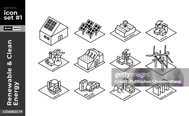 erneuerbare energien isometrische linie symbolsatz - solaranlage stock-grafiken, -clipart, -cartoons und -symbole