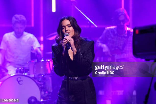 Episode 1224 -- Pictured: Musical guest Mandy Moore performs on March 12, 2020 --