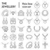 Jewellery thin line icon set, accessories symbols collection, vector sketches, logo illustrations, bijouterie signs linear pictograms package isolated on white background, eps 10.