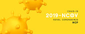 Novel Coronavirus (2019-nCoV). Virus Covid 19-NCP. Coronavirus nCoV denoted is single-stranded RNA virus. Background with realistic 3d yellow virus cells. Horizontal banner, poster, header for website